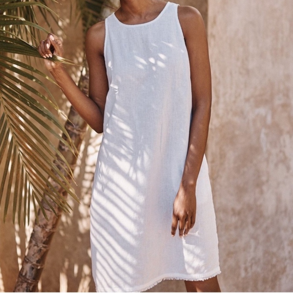 Garnet Hill white Linen Fringe-Hem Dress size 16 no flaws EUC timeless summer 🖤